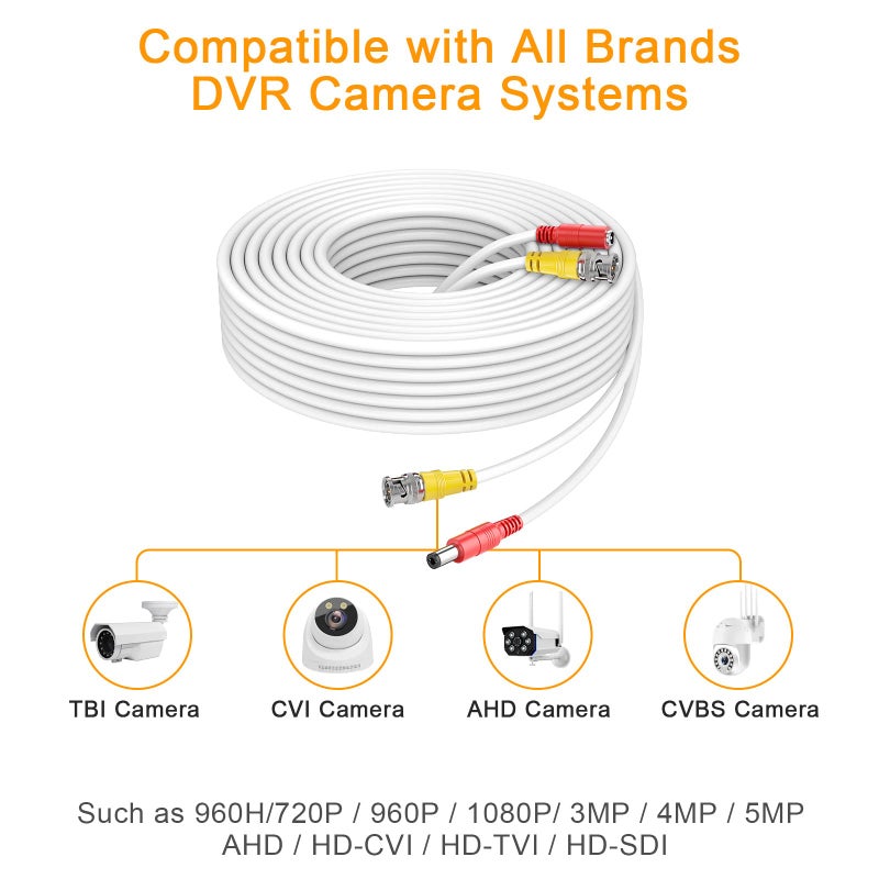WILDHD BNC Cable,150ft All-in-One Siamese BNC Video and Power Security Camera Wire, CCTV Cable with 2 Female Connectors for All Max 5MP HD CCTV DVR Surveillance System (White) - Image 5